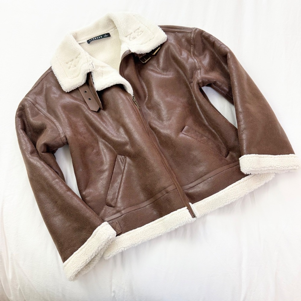 Lioness Heiress Brown Vegan Leather Sherpa Aviator Jacket Size S - Picture 2 of 6